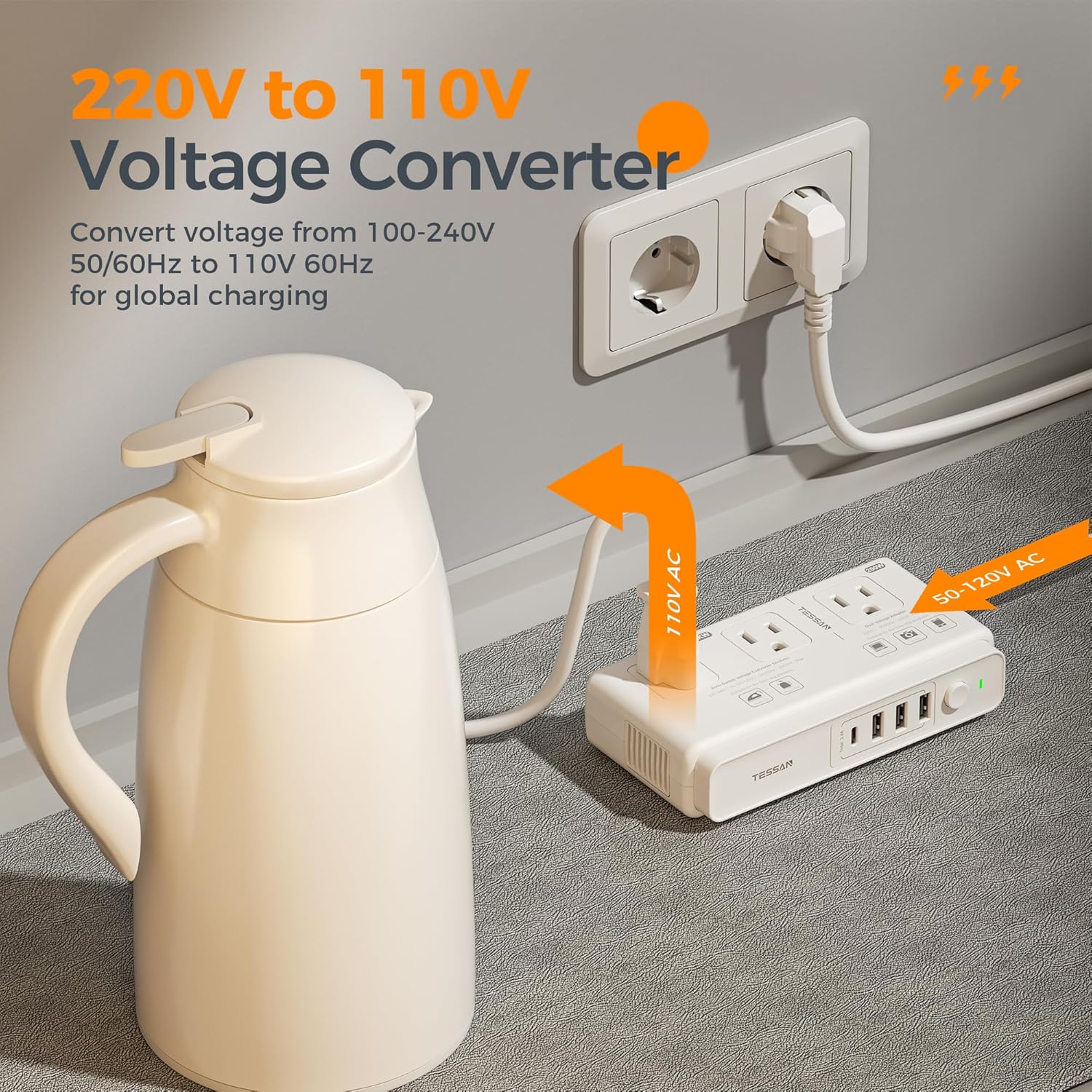 220V to 110V Voltage Converter, TESSAN Universal Travel Adapter with 4 USB Charger (1 USB C), 3 AC Sockets and EU/UK/AU/IT Plug Power Adaptor, Step Down Transformer Outlet Converters for International - Image 4