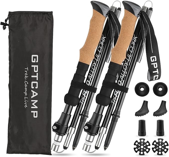 GPTCAMP Nordic Walking Stick, TPZ-1, 2pc Folding Collapsible Hiking Poles with Metal Quick Lock, Cork Handle, Lightweight 7075 Aluminum Trekking Poles for Seniors Women Men Hiking Gear