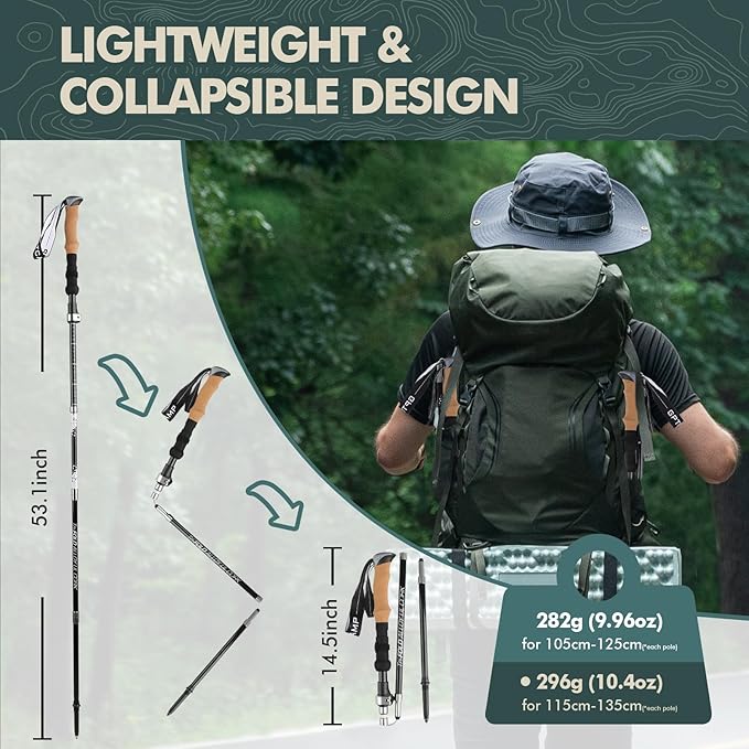 GPTCAMP Nordic Walking Stick, TPZ-1, 2pc Folding Collapsible Hiking Poles with Metal Quick Lock, Cork Handle, Lightweight 7075 Aluminum Trekking Poles for Seniors Women Men Hiking Gear - Image 3
