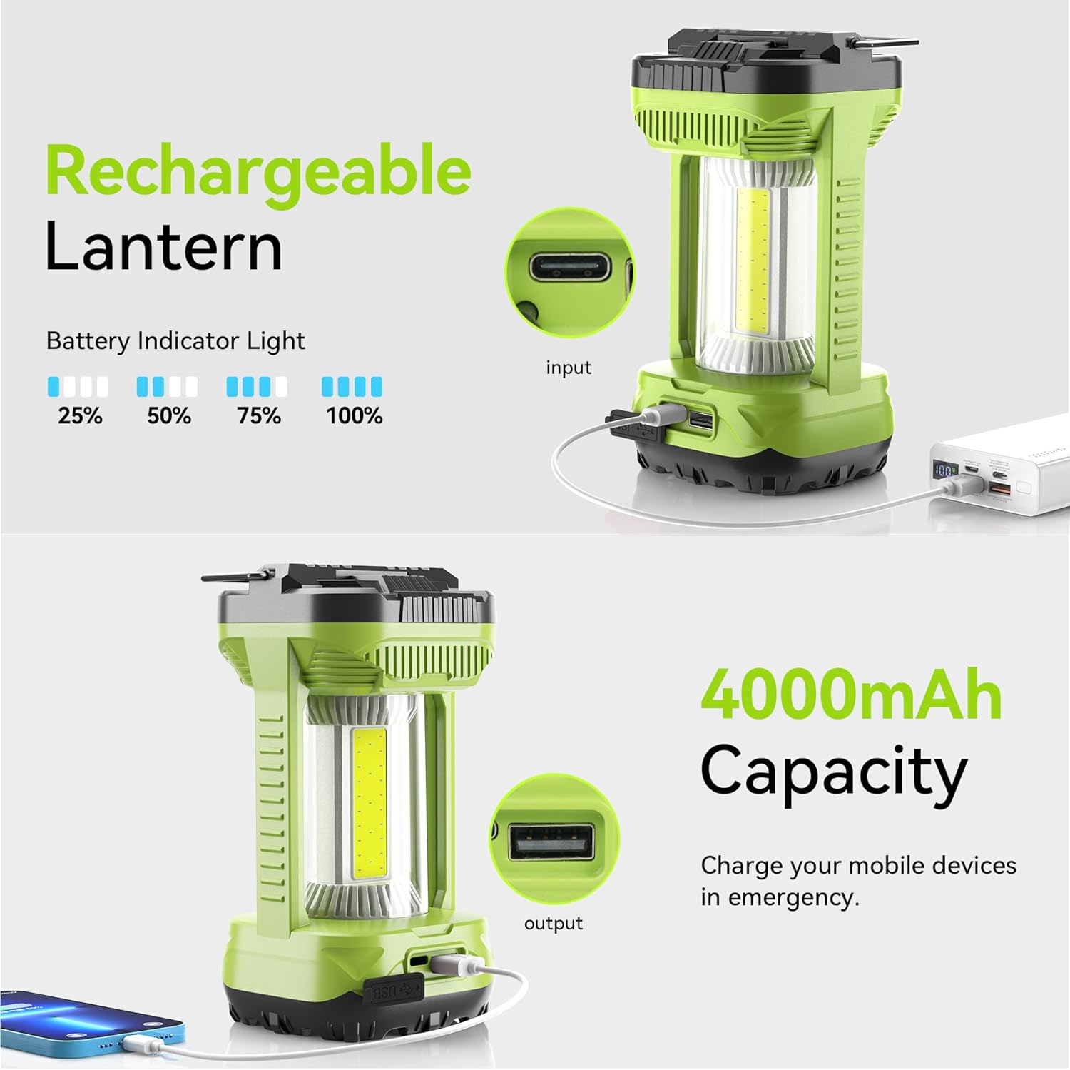 AlpsWolf Camping Lantern Rechargeable, 1000LM 4 Light Modes Camping Light 4000mAh Rechargeable Lantern for Power Outages Portable Camping Lamp Camping Essentials for Emergency, Green, 1 Pack - Image 3